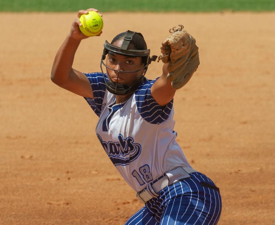 Spanish River High School pitcher Giselle Portanova (18)  winds up during the first inning against Plant High School during their FHSAA State 7A Championship softball game at the Legends Way Ball Fields in Clermont Saturday. May 27, 2023.