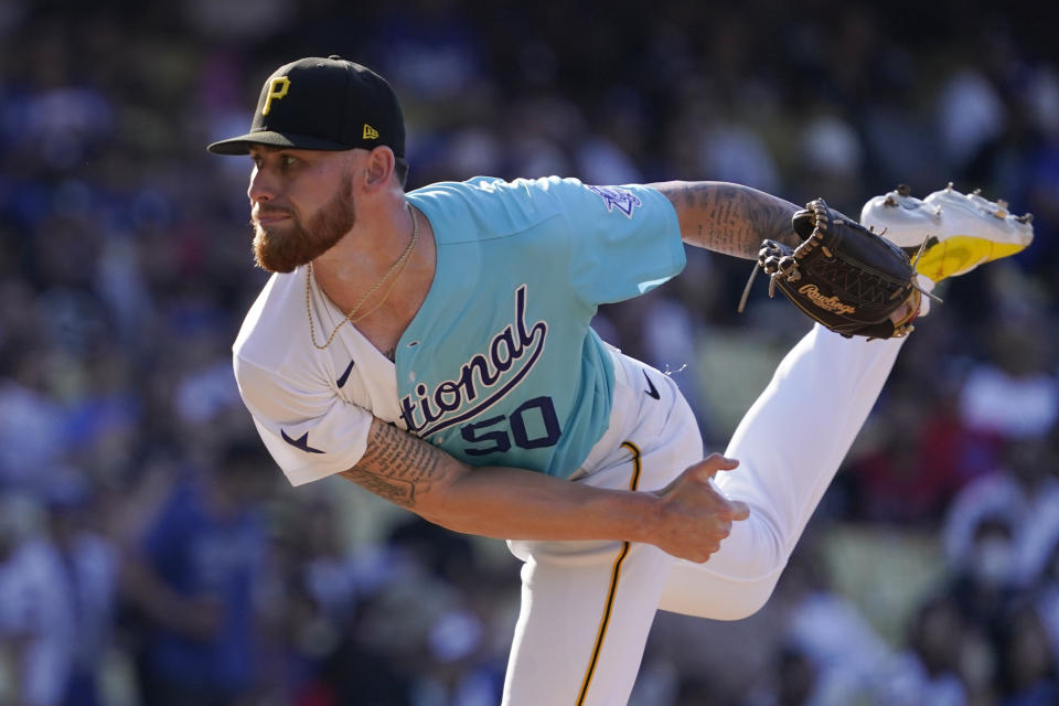 National League pitcher Mike Burrows throws to an American League batter during the MLB All-Star Futures baseball game, Saturday, July 16, 2022, in Los Angeles. (AP Photo/Mark J. Terrill)