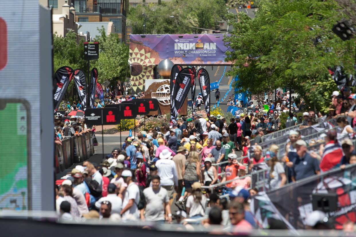 A crowd gathers in downtown St. George during the IRONMAN triathlon race on May 7, 2022. Major events and a growing reputation as a destination location have helped propel fast-paced population growth across the St. George metro area in recent years and the area is fast approaching the 200,000-population mark, according to the latest estimates from the U.S. Census Bureau.