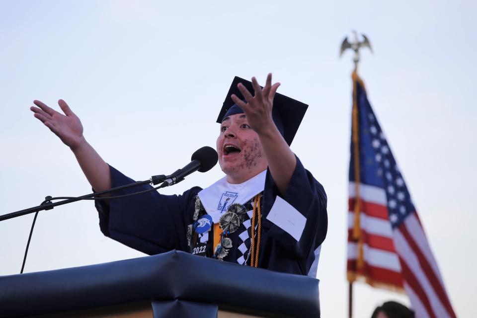 Piedra Vista High School graduate and salutatorian Lukas Chavez welcomes families and friends to the 2022 graduation ceremony on May 17 at Hutchison Stadium in Farmington.