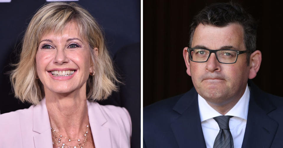 L: Olivia Newton-John smiles in a pink blazer. R: Dan Andrews looks into the camera in a suit. 