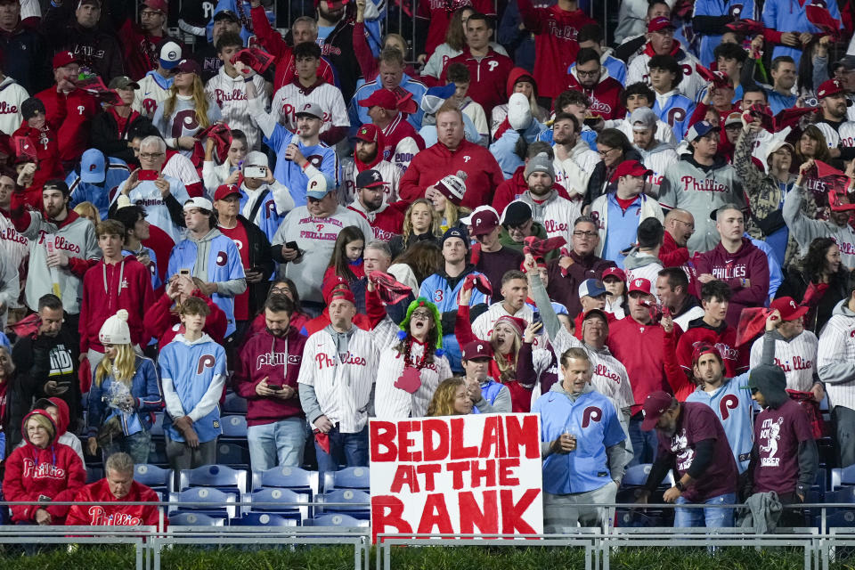 Fans cheer before Game 1 of the baseball NL Championship Series between the Philadelphia Phillies and the Arizona Diamondbacks in Philadelphia, Monday, Oct. 16, 2023. (AP Photo/Matt Slocum)