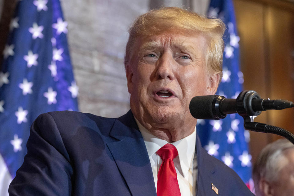 FILE - Former President Donald Trump speaks at a campaign event at the South Carolina Statehouse, Jan. 28, 2023, in Columbia, S.C. Trump is again threatening to skip a presidential debate. The former president has been publicly complaining about the Republican National Committee debates scheduled to start in August, suggesting in interviews and social media posts his poll numbers are so high he has no reason to compete with the rest of the field. (AP Photo/Alex Brandon, File)