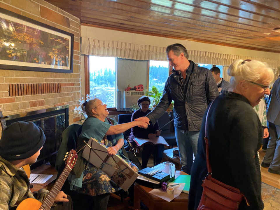 California Gov. Gavin Newsom meets with constituents during his homelessness tour in Grass Valley, east of the state capital of Sacramento.