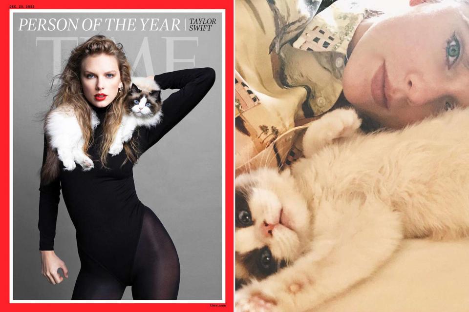 <p>Inez and Vinoodh for TIME; Taylor Swift/Instagram</p> Taylor Swift on the cover of <em>Time</em> as the 2023 Person of the Year, with her cat Benjamin Button (L); Taylor Swift and Benjamin Button