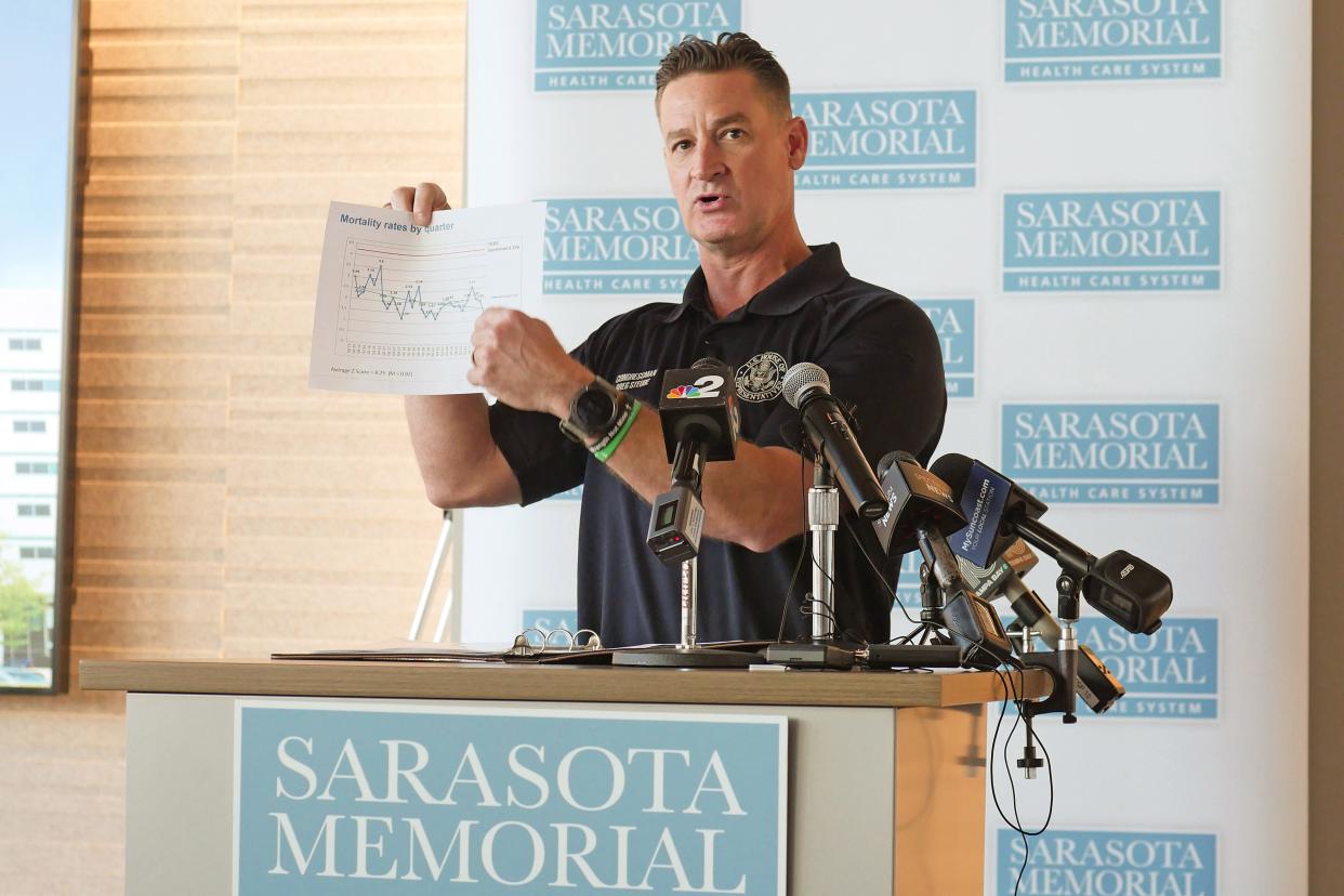 U.S. Rep. Greg Steube, R-Sarasota, who was injured after falling from a 25-foot-tall ladder in mid-January, hosted an event Thursday to thank the trauma team at Sarasota Memorial Hospital that treated his injuries and helped him on the road to recovery. Pictured here, Steube holds up a chart that notes how the medical outcomes at the eight-year-old trauma center have consistently out-performed national benchmarks.