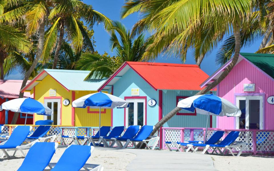 Colorful bungalows on the Eleuthera island beach, Bahamas