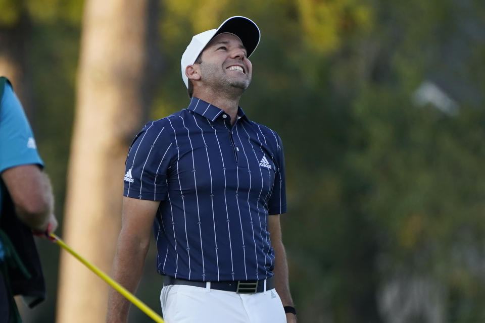 Spain's Sergio Garcia reacts after making a birdie on the 18th hole to win the Sanderson Farms Championship golf tournament in Jackson, Miss., Sunday, Oct . 4, 2020. (AP Photo/Rogelio V. Solis)