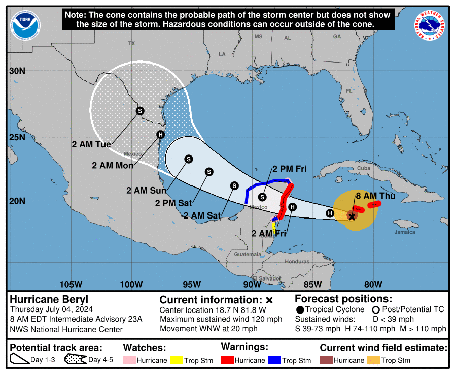 The projected path of Hurricane Beryl as of Thursday morning. 