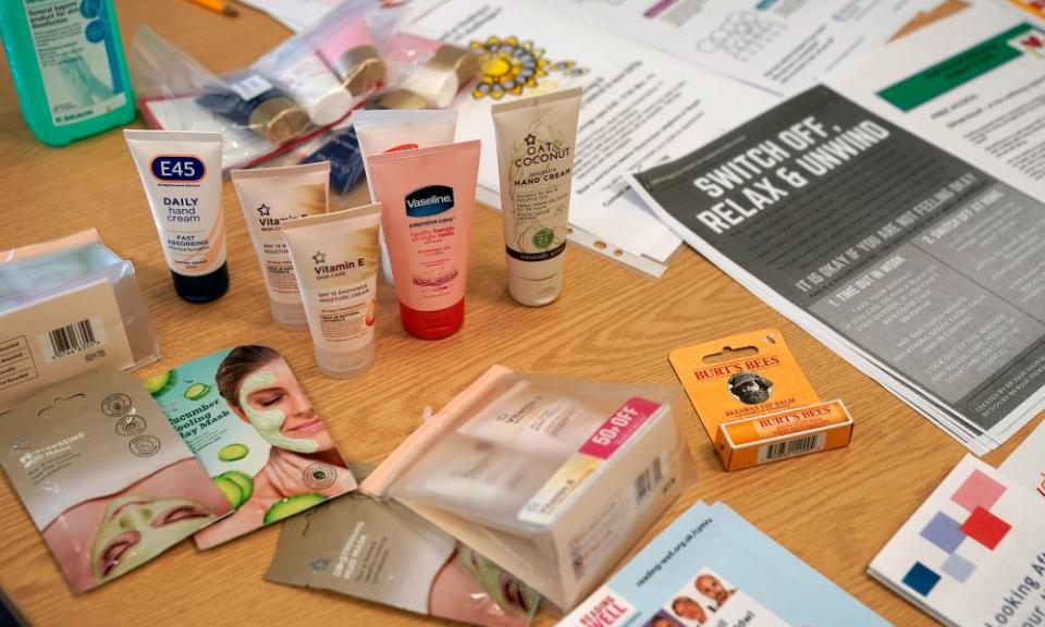 Self help literature and cosmetics provided for NHS staff in a wellbeing and support centre (SWSS) in Rhyl.