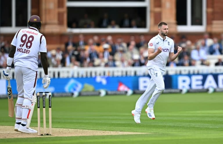 Key wicket: England's Gus Atkinson (R) celebrates after dismissing West Indies' Jason Holder for a duck in the first Test at Lord's (Paul ELLIS)