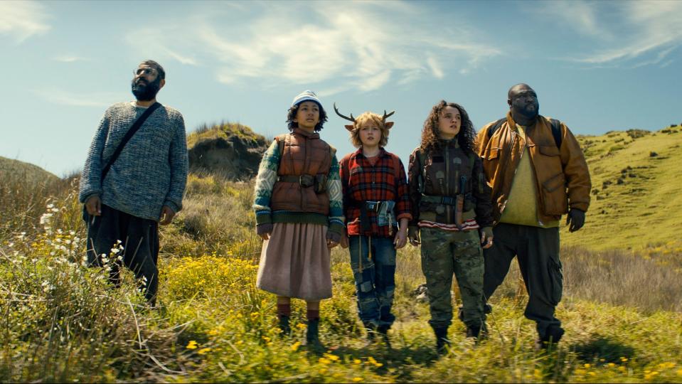 Sweet Tooth. (L to R) Adeel Akhtar as Singh, Naledi Murray as Wendy, Christian Convery as Gus, Stefania LaVie Owen as Becky, Nonso Anozie as Jepperd in episode 303 of Sweet Tooth. Cr. Courtesy of Netflix © 2024