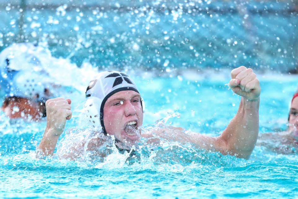 Corbin Chuck of Xavier Prep celebrates a goal during the Desert Empire League water polo championship game against Palm Desert High at Indio High School in Indio, Calif., on Wed., October 25, 2023.
