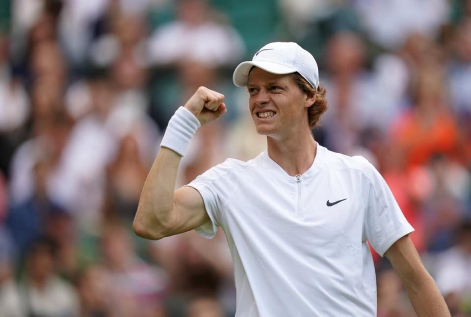 Jannik Sinner celebrates after he beat Carlos Alcaraz in the fourth round at Wimbledon (Adam Davy/PA) (PA Wire)