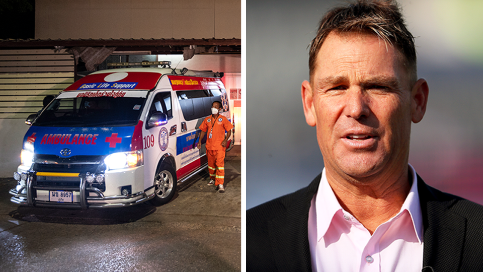 Shane Warne (pictured right) during commentary and (pictured let) an ambulance.