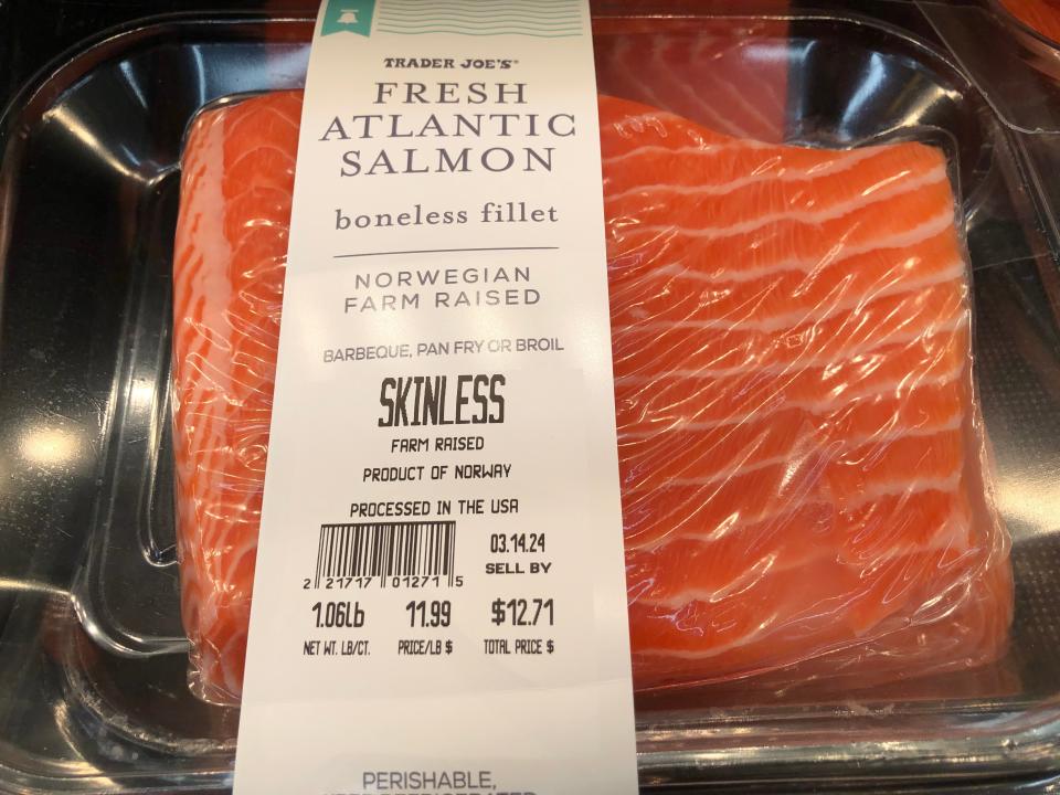 A package of Trader Joe's fresh Atlantic salmon.