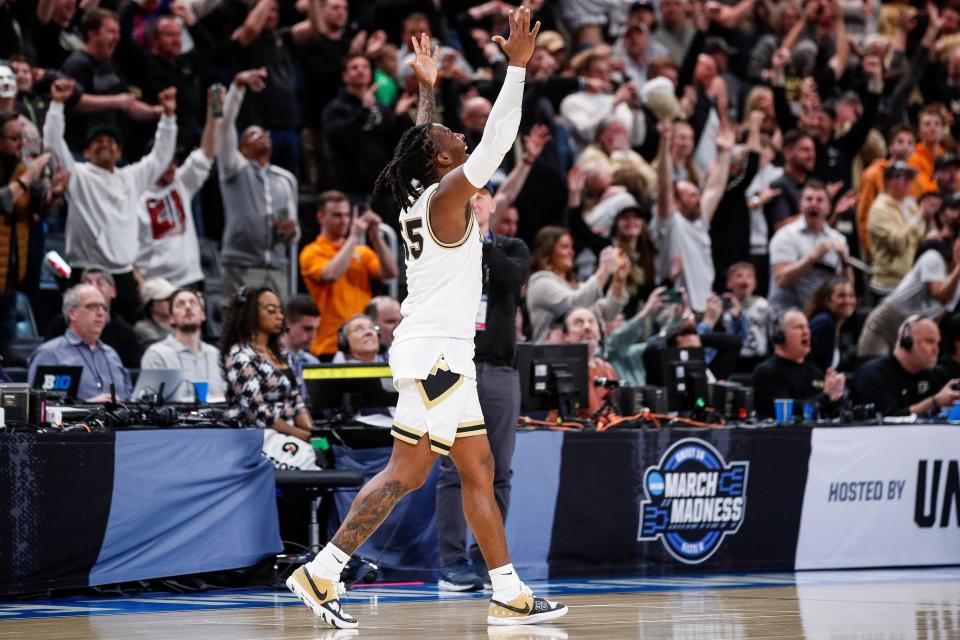Purdue guard Lance Jones (55) celebrates 72-66 win over Tennessee at the NCAA tournament Midwest Regional Elite 8 round at Little Caesars Arena in Detroit on Sunday, March 31, 2024.