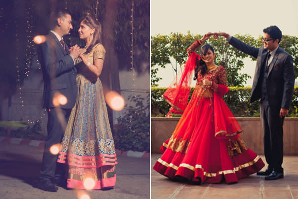 Indian bride and groom posing with their ceremony Lengha and sherwani  outfits. | Photo 164399