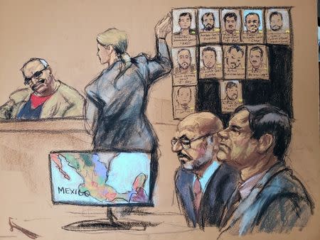 Assistant United States Attorney Gina Parlovecchio questions witness Jesus Zambada (L), the brother of Ismael "El Mayo" Zambada who was Guzman's alleged partner in running the Sinaloa Cartel, with photos showing hierarchy of cartel, during the trial of the accused Mexican drug lord Joaquin "El Chapo" Guzman (R), as defense attorney A. Eduardo Balarezo (2nd R) looks on, in this courtroom sketch in Brooklyn federal court in New York, U.S., November 19, 2018. REUTERS/Jane Rosenberg