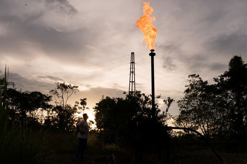 Gas flare is pictured at state-owned oil company Petroecuador's plant in Lago Agrio