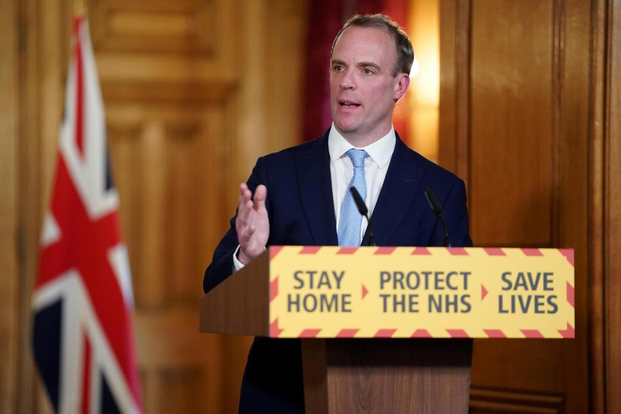 Foreign Secretary Dominic Raab during a media briefing in Downing Street on coronavirus: PA