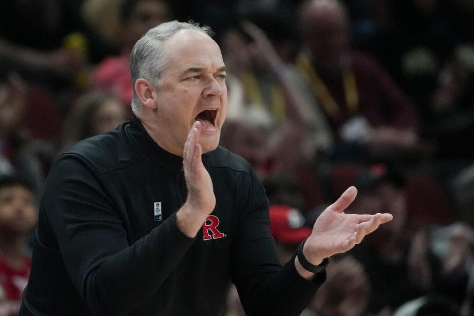 Rutgers head coach Steve Pikiell directs his team during the first half of a game against Purdue at the Big Ten men's tournament on March 10, 2023, in Chicago.