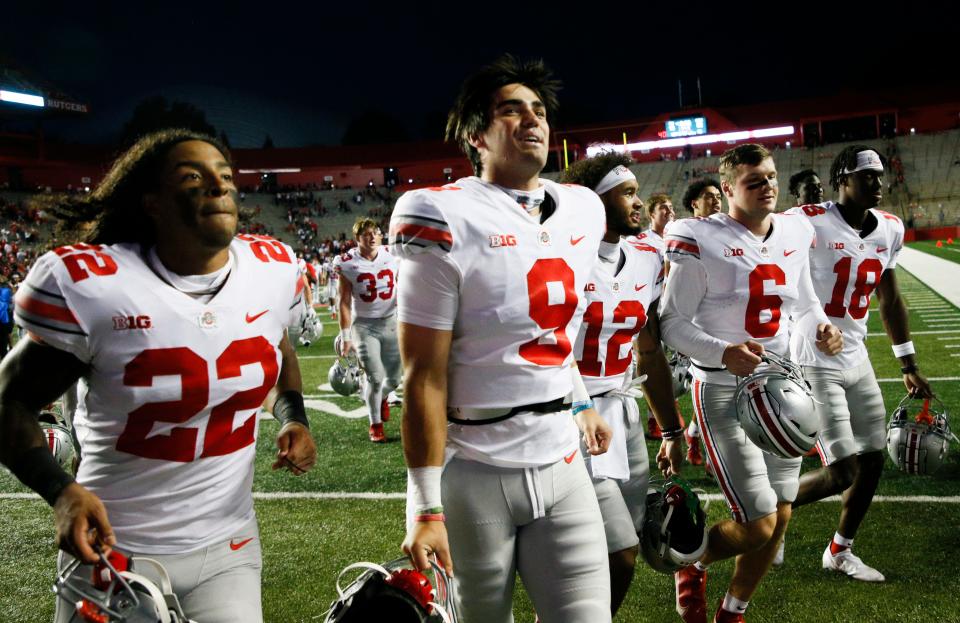 Ohio State Buckeyes quarterback Jack Miller III (9) runs off the field following the Buckeyes' 52-13 victory against the Rutgers Scarlet Knights in a NCAA Division I football game on Saturday, Oct. 2, 2021 at SHI Stadium in Piscataway, New Jersey.