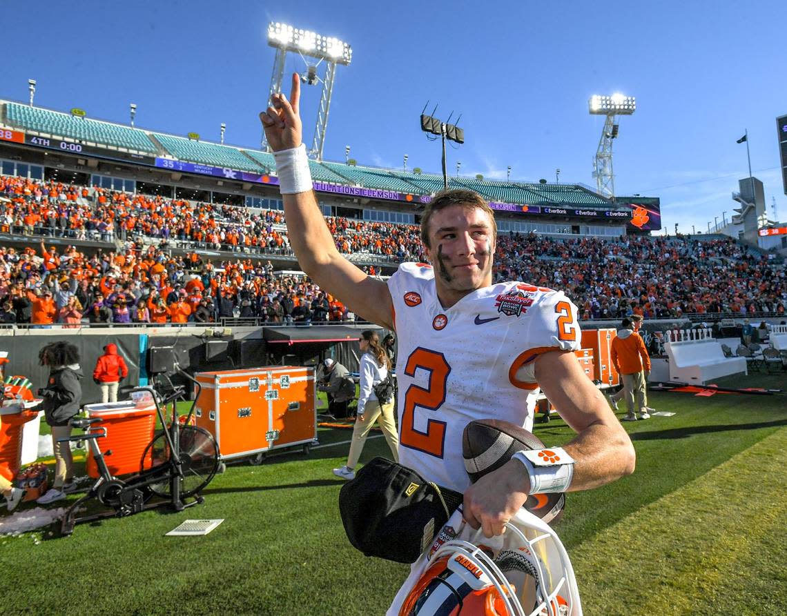 Clemson quarterback Cade Klubnik (2) celebrates after the TaxSlayer Gator Bowl at EverBank Stadium in Jacksonville, Florida, Friday, December 29, 2023. Clemson beat Kentucky 38-35.