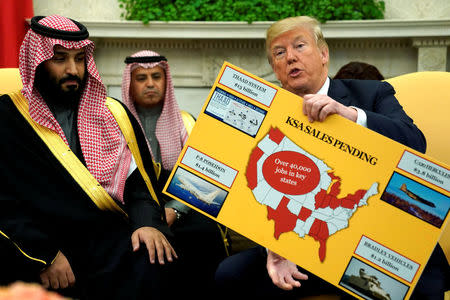 FILE PHOTO: U.S. President Donald Trump holds a chart of military hardware sales as he welcomes Saudi Arabia's Crown Prince Mohammed bin Salman in the Oval Office at the White House in Washington, U.S. March 20, 2018. REUTERS/Jonathan Ernst/File Photo