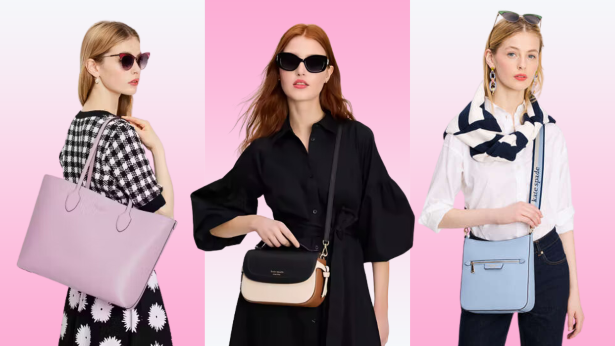 Three models with Kate Spade bags on a pink background