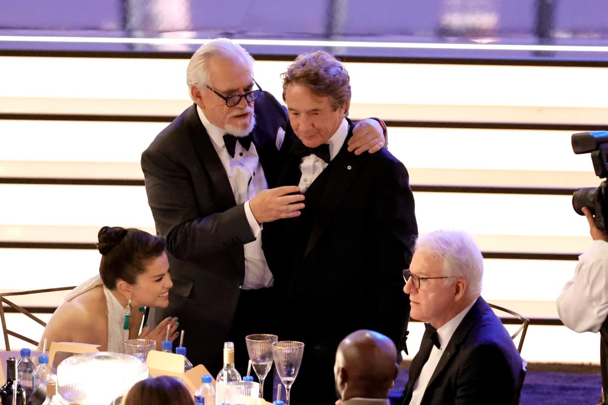 (L-R) Selena Gomez, Brian Cox, Martin Short, and Steve Martin attend the 74th Primetime Emmys at Microsoft Theater.