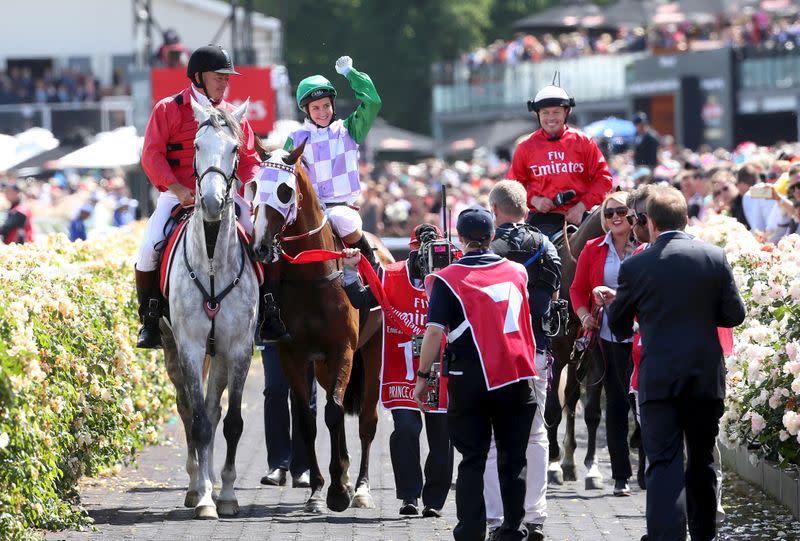FILE PHOTO: Prince of Penzance ridden by Michelle Payne returns to scale after winning race 7 the Melbourne Cup during the Melbourne Cup during the Melbourne Cup race day at Flemington Racecourse