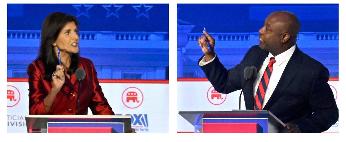 A combination of photos shows Former South Carolina Gov. Nikki Haley, left, and South Carolina Sen. Tim Scott arguing during the FOX Business Republican presidential primary debate at the Ronald Reagan Presidential Library and Museum in Simi Valley, Calif.,on Sept. 27, 2023.