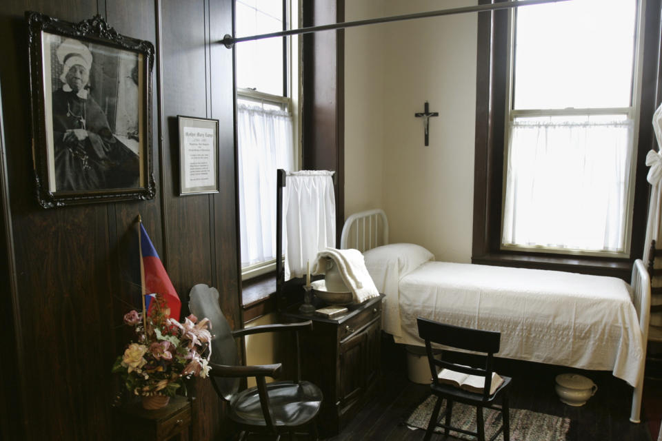 FILE - The bed of Mother Mary Lange, the leader of the country's first community of Black nuns, is displayed at the St. Francis Academy in Baltimore, Wednesday, Feb. 23, 2005. Under a decree signed by Pope Francis on Thursday, June 22, 2023, Lange was recognized for her heroic virtue, and advanced in the cause of her beatification from being considered servant of God to venerable - another step toward sainthood. (AP Photo/Chris Gardner, File)