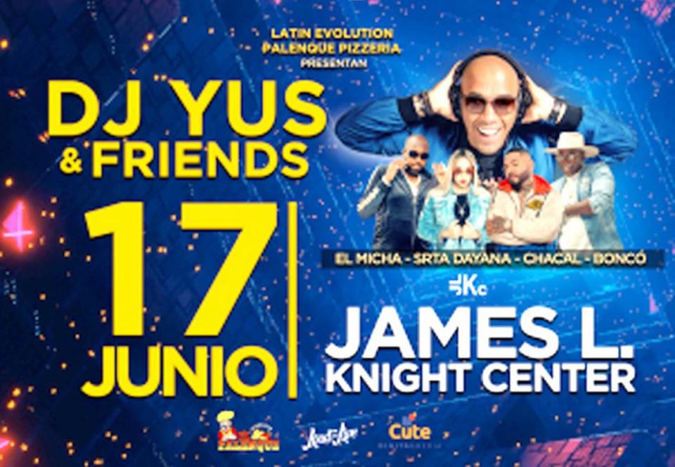 DJ Yus y sus amigos: Srta Dayana, Bonco Quiñongo, El Micha, El Chacal en el James L. Knight Center. Cortesía