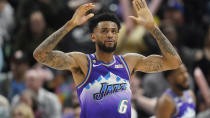 FILE - Utah Jazz guard Nickeil Alexander-Walker looks up during the second half of the team's NBA basketball game against the Philadelphia 76ers on Jan. 14, 2023, in Salt Lake City. As part of a three-team trade, the Minnesota Timberwolves are getting Mike Conley Jr. and Alexander-Walker from Utah along with three second-round picks, while the Los Angeles Lakers are sending Juan Toscano-Anderson, Damian Jones and their first-round pick in 2027 to Utah, along with Russell Westbrook, a person with knowledge of the trade told The Associated Press. (AP Photo/Rick Bowmer, File)