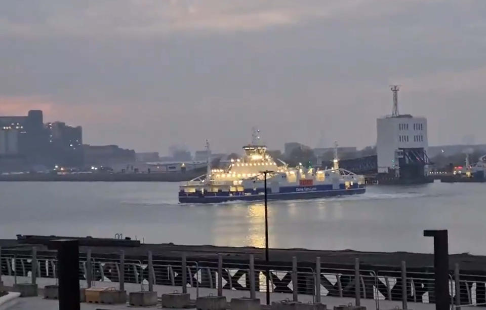 Handout video grab issued by Becky Stout of the Woolwich Ferry in London sounding its horn and spinning during the Clap for Carers event last night.