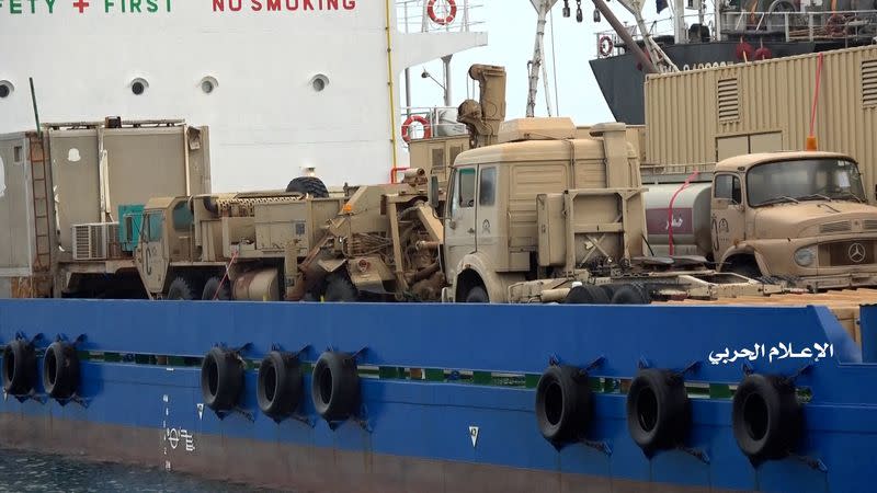 Military equipment is seen on a ship seized by Yemen's Houthi rebels off the Yemen's Red Sea coast
