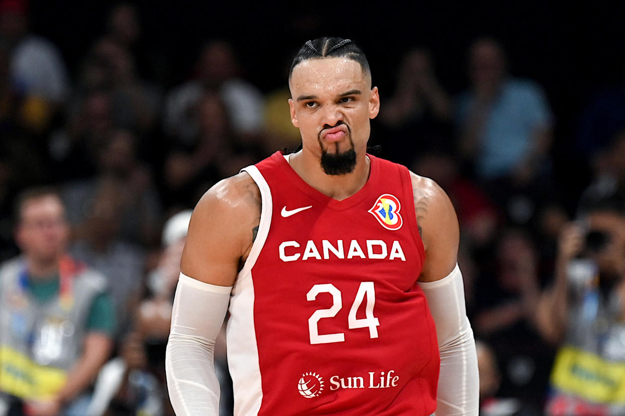 Canada's Dillon Brooks reacts during the FIBA Basketball World Cup third-place game against Team USA in Manila, Philippines, on Sept. 10, 2023. (Photo by JAM STA ROSA / AFP)