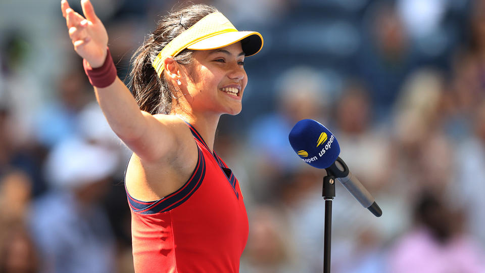 Emma Raducanu, pictured here after her win over Belinda Bencic in the US Open quarter-finals.