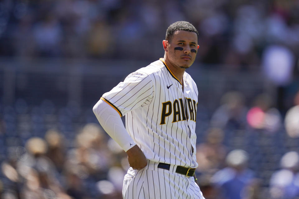 San Diego Padres third baseman Manny Machado looks on before the start of the fifth inning of the first baseball game of a doubleheader against the Colorado Rockies, Tuesday, Aug. 2, 2022, in San Diego. (AP Photo/Gregory Bull)