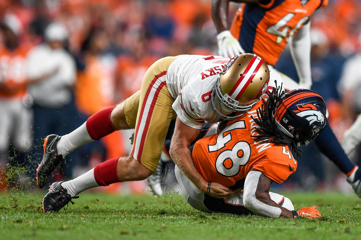 A rising star as a special teamer, Mitch Wishnowsky showed the Denver Broncos he's more than capable of delivering a big hit. (Getty)