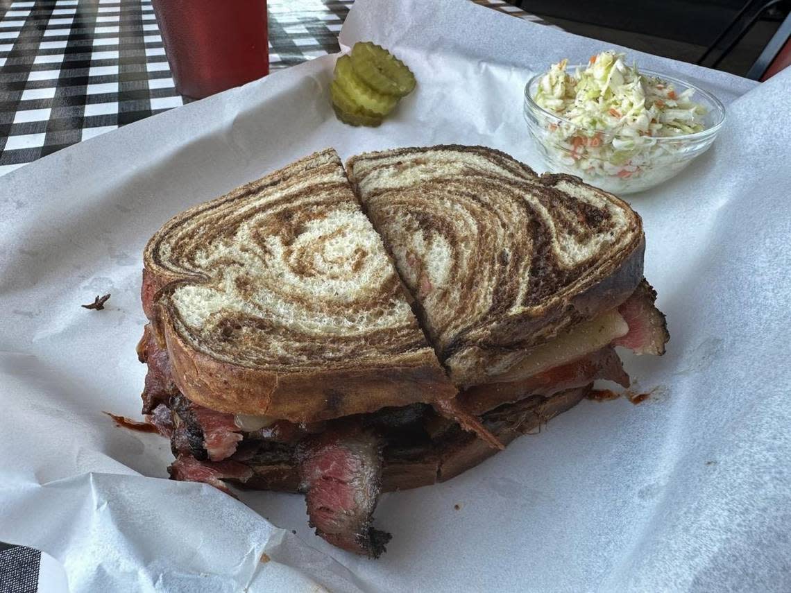 The smoked corned beef on rye bread with Swiss cheese special at Danny Edward’s Blvd BBQ.