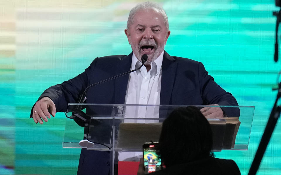 Former Brazilian President Luiz Inacio Lula da Silva speaks during his announcement of his candidacy for president in the upcoming October elections, in Sao Paulo, Brazil, Saturday, May 7, 2022. (AP Photo/Andre Penner)