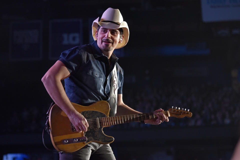 FILE - This Feb. 24, 2018 file photo shows Brad Paisley performing in Rosemont, Ill. Paisley will perform in Live Nation's “Live from the Drive-In,” concert series taking place July 10-12. (Photo by Rob Grabowski/Invision/AP, File)