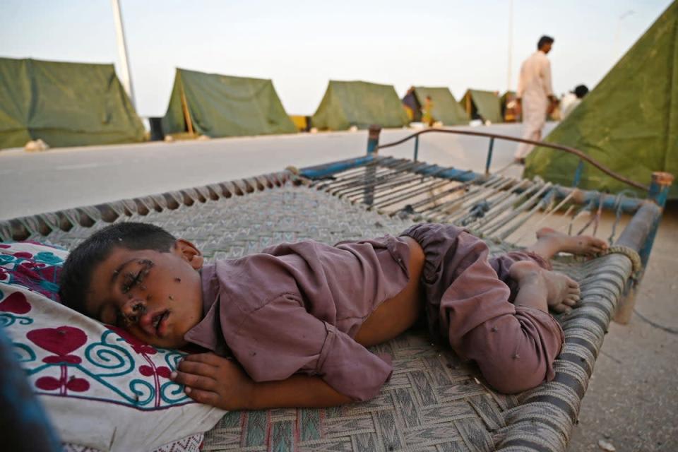 Houseflies sit on the face of a boy sleeping outside his tent at a makeshift camp after heavy monsoon rains in Sukkur, Sindh  (AFP/Getty)