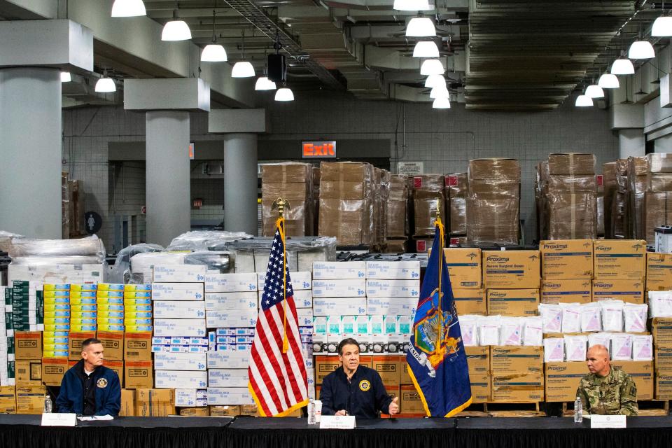 New York Governor Andrew Cuomo addresses the media at the Javits Convention Center in New York City.