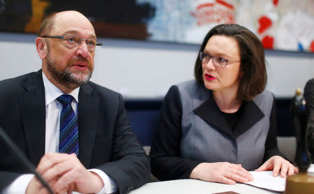 Germany's Social Democratic Party (SPD) leader Martin Schulz and SPD parliamentary group leader Andrea Nahles attend a parliamentary group meeting in Berlin, Germany, January 22, 2018. REUTERS/Hannibal Hanschke