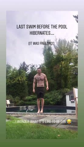<p>Chris Evans/Instagram</p> Chris Evans in a poolside video screenshot in October 2022.