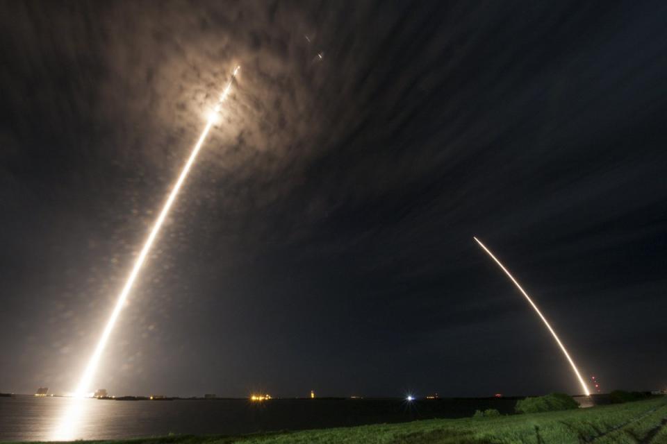 Composite image showing SpaceX's Falcon 9 rocket lifting off, and then landing at, Florida's Cape Canaveral Air Force Station on July 18, 2016.